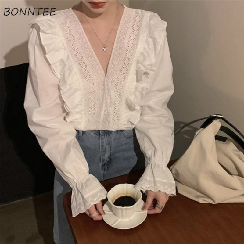 Women Blouses Shirts Spring Female Tops V-neck Ruffles Solid Elegant French Fashion Cozy High Quality Chic Ins Daily Date Office