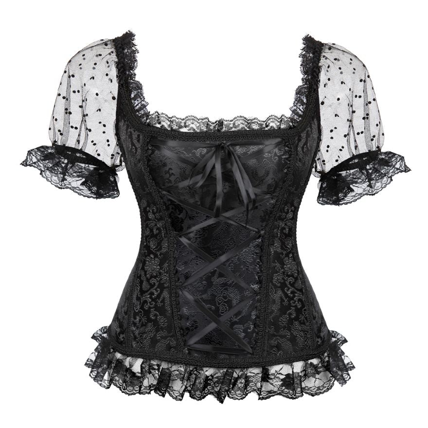 Women Sexy Off-Shoulder Sleeves Lace Embroidered Corset Blouse Victorian Vintage Floral Elegant Slim Corset Bustier Lingerie Top