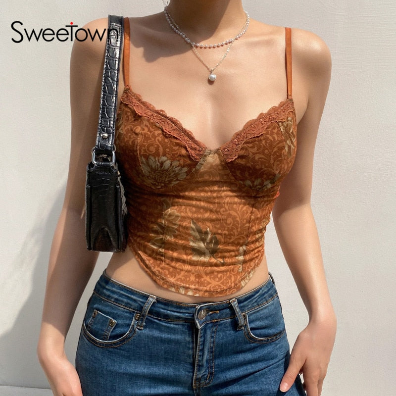 Sweetown 2000s Aesthetic Cute Mesh Crop Top Women Floral Lace Trim New Girl Kawaii Clothes See Through Sexy Tanks Camis Summer