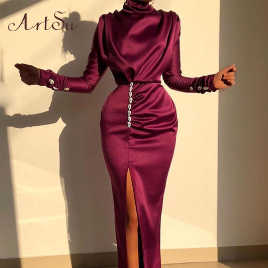 Autumn Winter Elegant Office Lady Maxi Dresses For Women 2023 Long Sleeve High Waist Bodycon Ruched Sexy Evening Party Dresseses