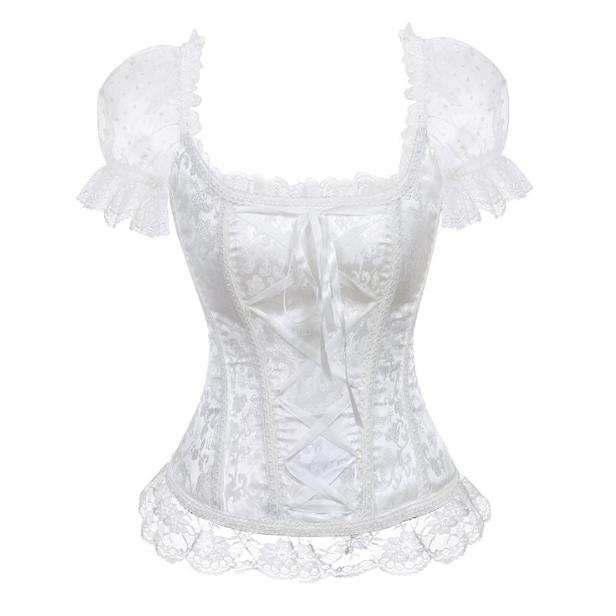 Women Sexy Off-Shoulder Sleeves Lace Embroidered Corset Blouse Victorian Vintage Floral Elegant Slim Corset Bustier Lingerie Top