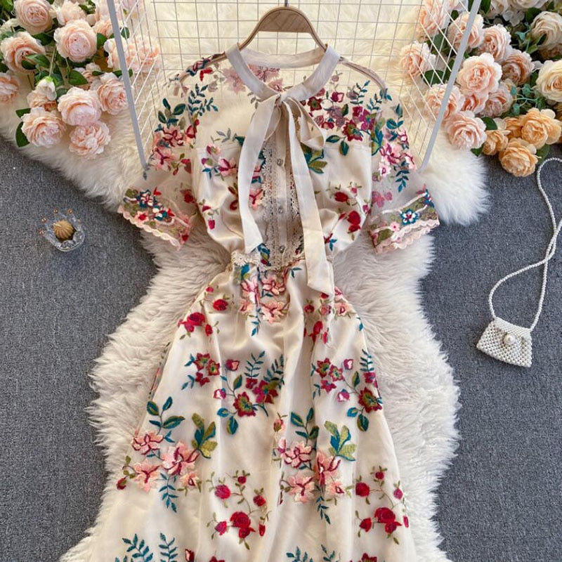 Women Dress 2022 Summer French Vintage Ladies Temperament Bow Collar Flowers Embroidery Elegant Dress Party Vestido