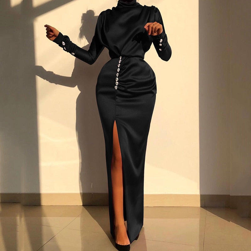 Autumn Winter Elegant Office Lady Maxi Dresses For Women 2023 Long Sleeve High Waist Bodycon Ruched Sexy Evening Party Dresseses