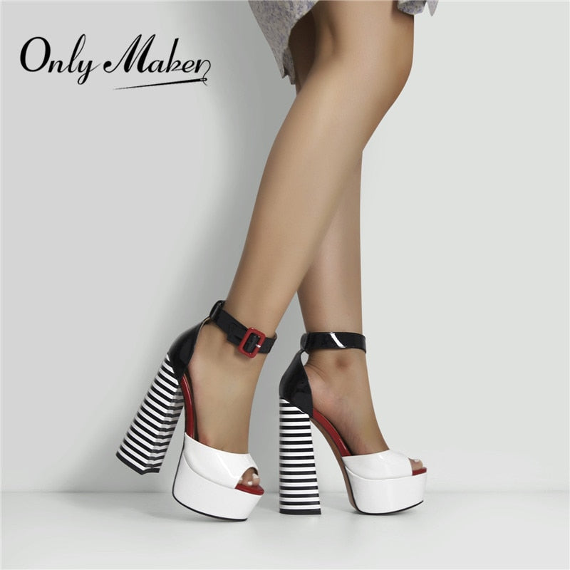 Onlymaker Women&#39;s Sandals Platform Peep Toe Chunky Square Heels Ankle Strap Sandals Black And White Stripes Party Fashion Shoes