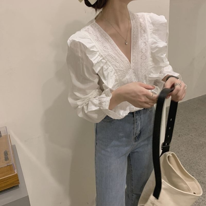 Women Blouses Shirts Spring Female Tops V-neck Ruffles Solid Elegant French Fashion Cozy High Quality Chic Ins Daily Date Office