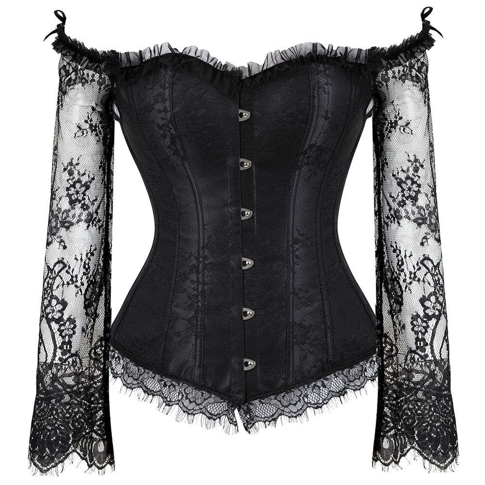 Women Sexy Off-Shoulder Sleeves Lace Embroidered Corset Blouse Victorian Vintage Floral Elegant Slim Corset Bustier Lingerie Top