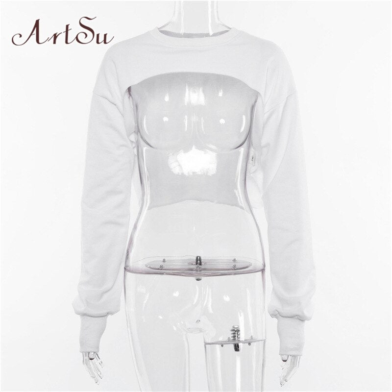 ArtSu Long Sleeve Tshirt Women Hooded Hollow Out Sexy Punk Rock Short Crop Top White T-shirt Fishnet Black Mesh Shirt Clothes