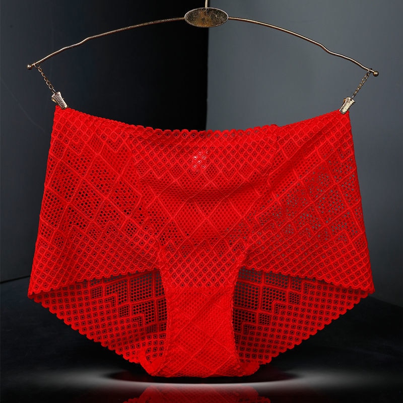 SANDL Women's Underwear Panties Sexy Lace Lingerie High Fit Female Boyshort High Waist Briefs Rhombus Mesh Underpant Plus Size