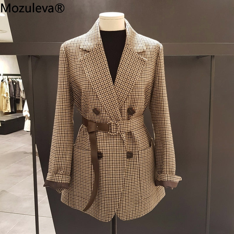 Mozuleva Korean Plaid Women Work Blazer Jacket Casual Double-breasted Sashes Suit Jacket Female 2022 Slim Female Blazer Outwear