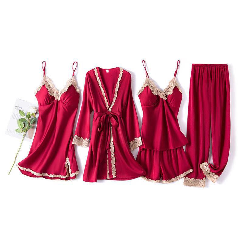 Women Sleepwear 5PCS Pajamas Set Sexy Satin Robe Lace Patchwork Kimono Gown Soft Lounge Bathrobe Sleep Suit With Chest Pads