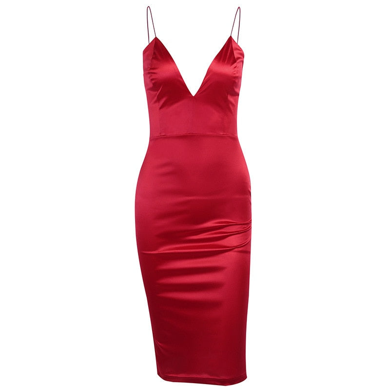 Artsu New Year Party Dress Red Satin Midi Dresses Solid 2020 Spring V-Neck Backless Dress Straps Zipper Slim Dress ASDR60689