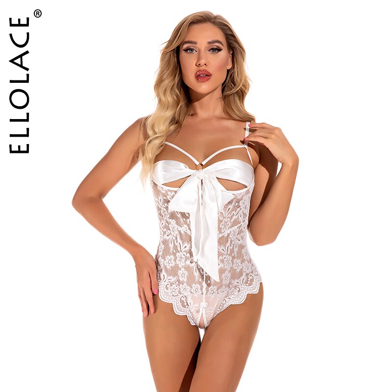 Ellolace Bowknot Crotchless Bodysuit Lace Hollow Out Lingerie Erotic Open Chest Exotic Costumes Sissy Sex Clothes For Women