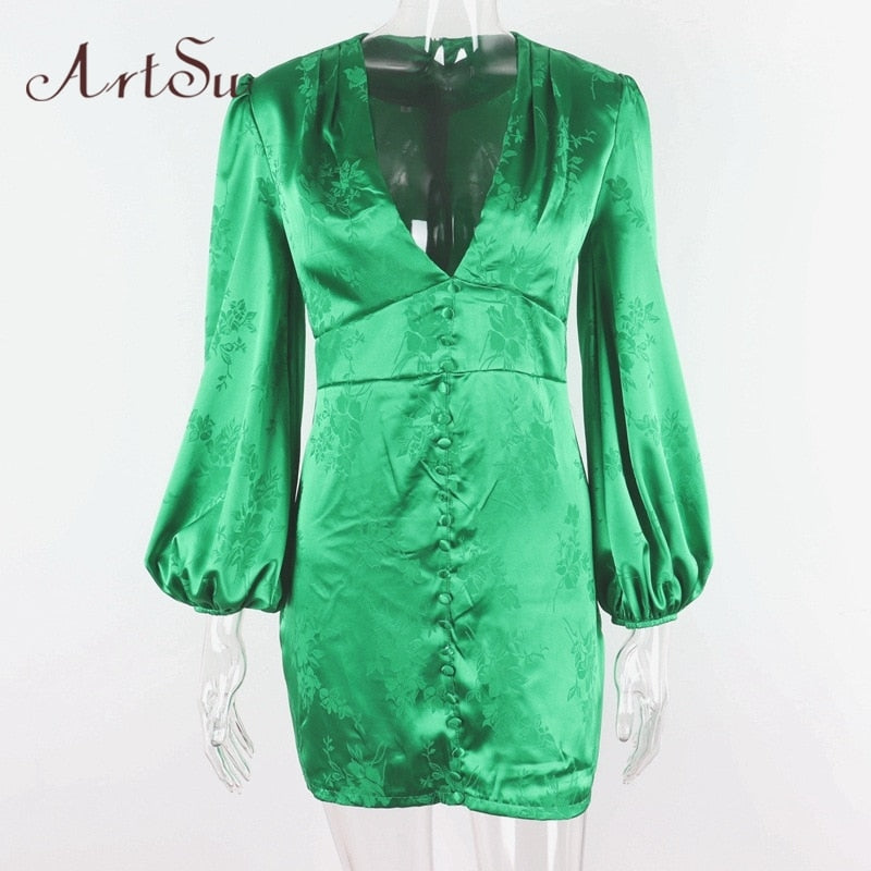 ArtSu Women's Satin Dresses Green Gold Deep V Neck Botton Lantern Sleeve Mini Dress Sexy Female Party Dresses Club Autumn 60551