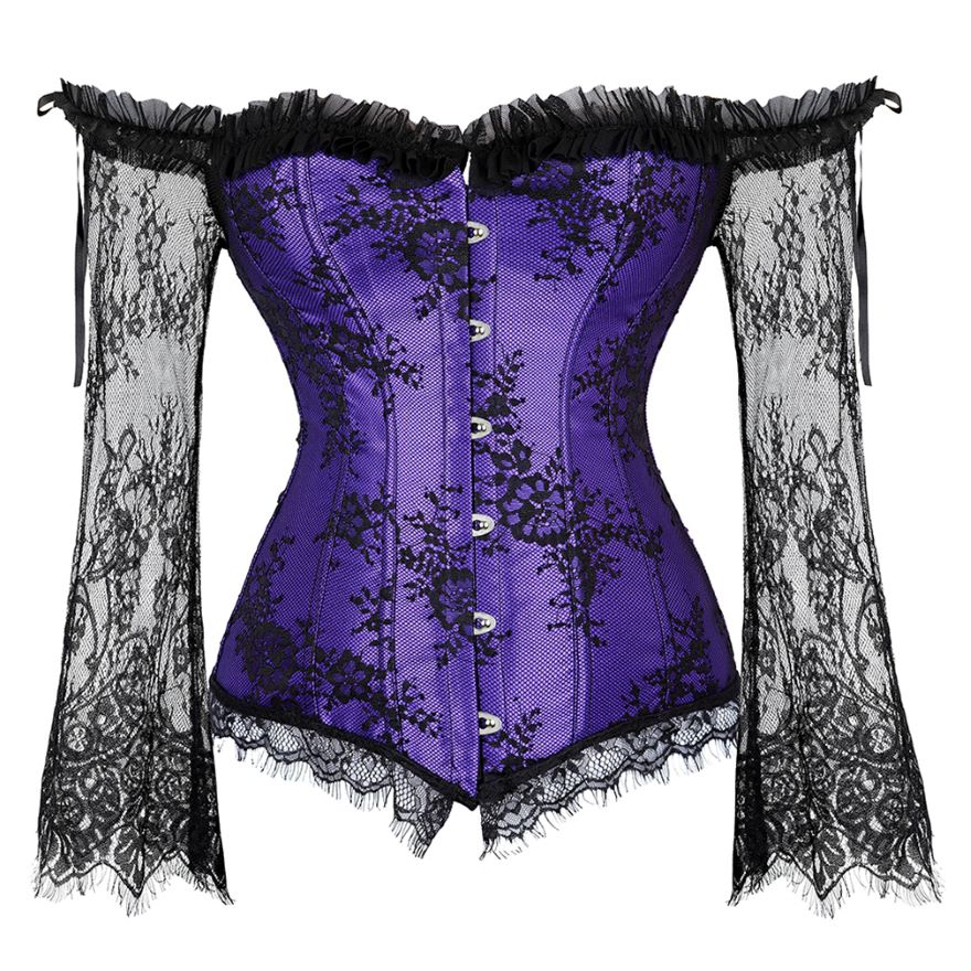 Women Sexy Off-Shoulder Sleeves Lace Embroidered Corset Blouse Victorian Vintage Floral Elegant Slim Corset Bustier Lingerie Top