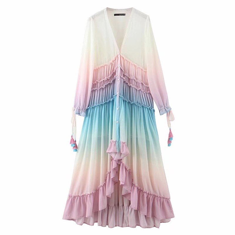 BOHO Gradient Rainbow Color Single-breasted Button Long Dress Sexy Women Holiday Wood ear Tassel Long Sleeve Ruffles Dresses