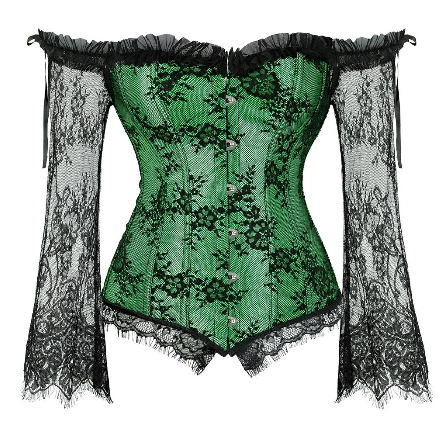 Women Sexy Off-Shoulder Sleeves Lace Embroidered Corset Blouse Victorian Vintage Floral Elegant Slim Corset Bustier Lingerie Top