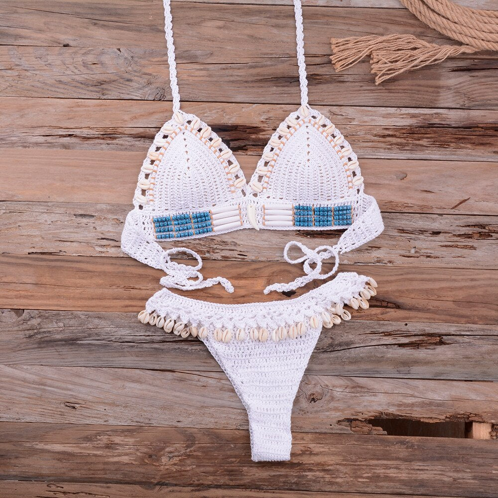 Knitted Bikini Shell Tassel Women Thong Halter Brazilian Biquinis Female Crochet Swimsuit 2020 New Swimming Suit Ladies Swimwear