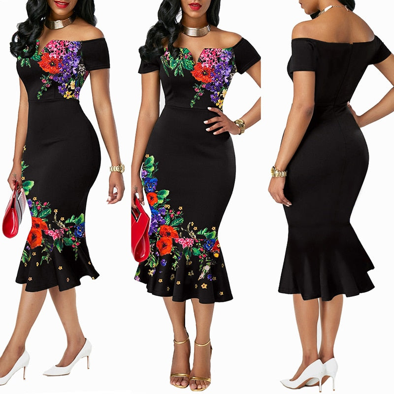 MD Dashiki African Print Dresses For Women Evening Party Dresses Flower Cotton Dress Ladies Clothes Off Shoulder Sexy Dress