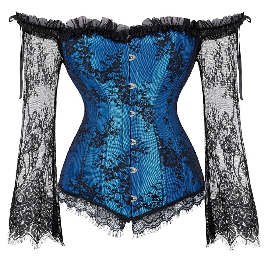 Women Sexy Off-Shoulder Sleeves Lace Embroidered Corset Blouse Victorian Vintage Floral Elegant Slim Corset Bustier Lingerie Top