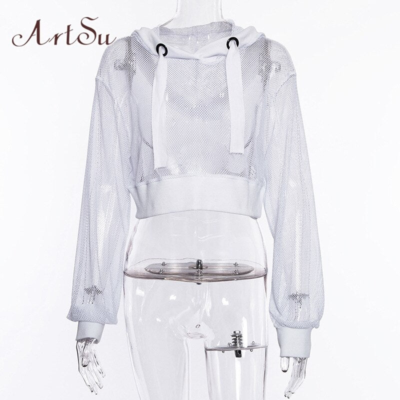 ArtSu Long Sleeve Tshirt Women Hooded Hollow Out Sexy Punk Rock Short Crop Top White T-shirt Fishnet Black Mesh Shirt Clothes