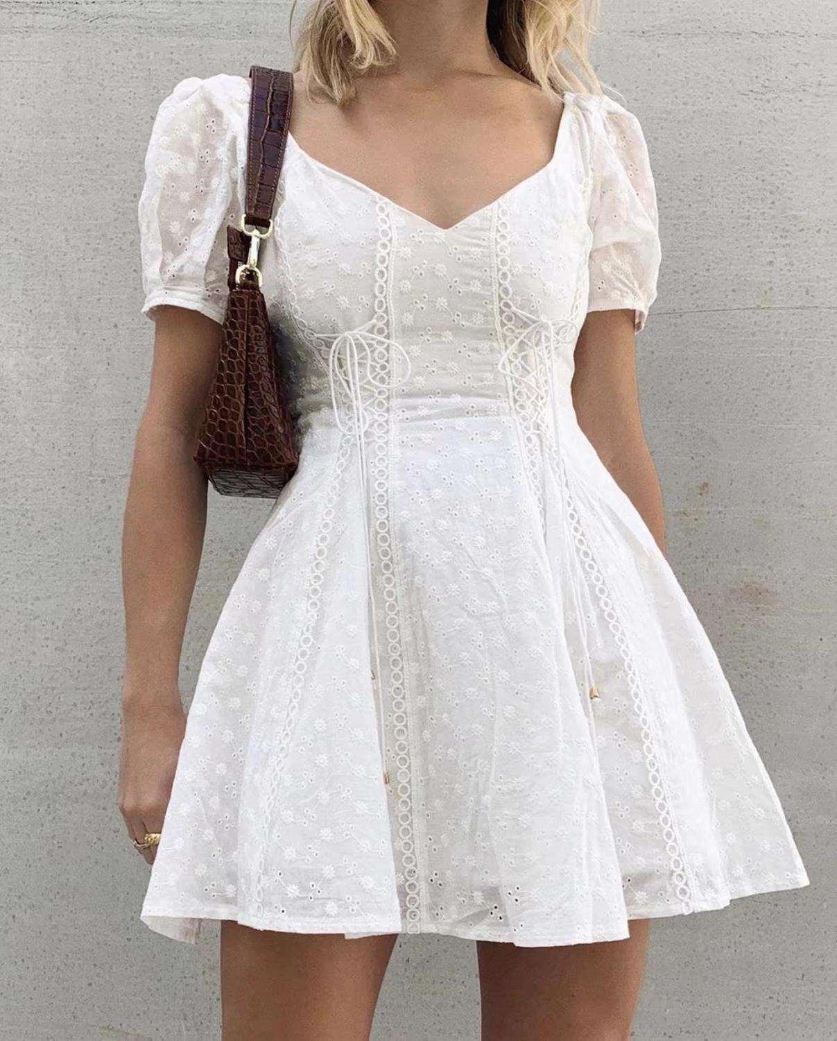 White Embroidery Chic Mini Dresss Cotton Backless Hollow Out Sexy