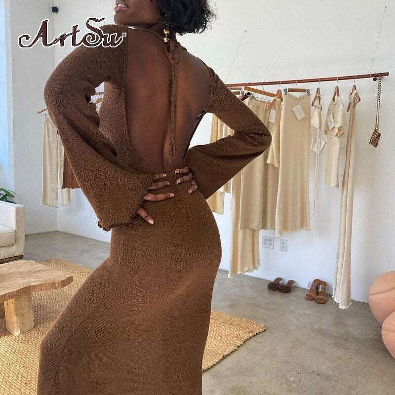 Artsu Autumn See Through Sleeve Sexy Backless Party Long Maxi Dresses Elegant Fashion Outfits Robe Tie Up Dresses Skinny Clothes