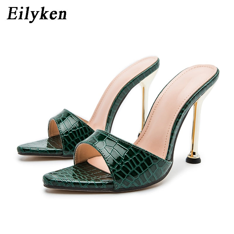 Onlymaker - Hand Made - Peep Toe Mules Gold Slip On Thin High Sandals Big Size Classic Fashion Lady Sandals