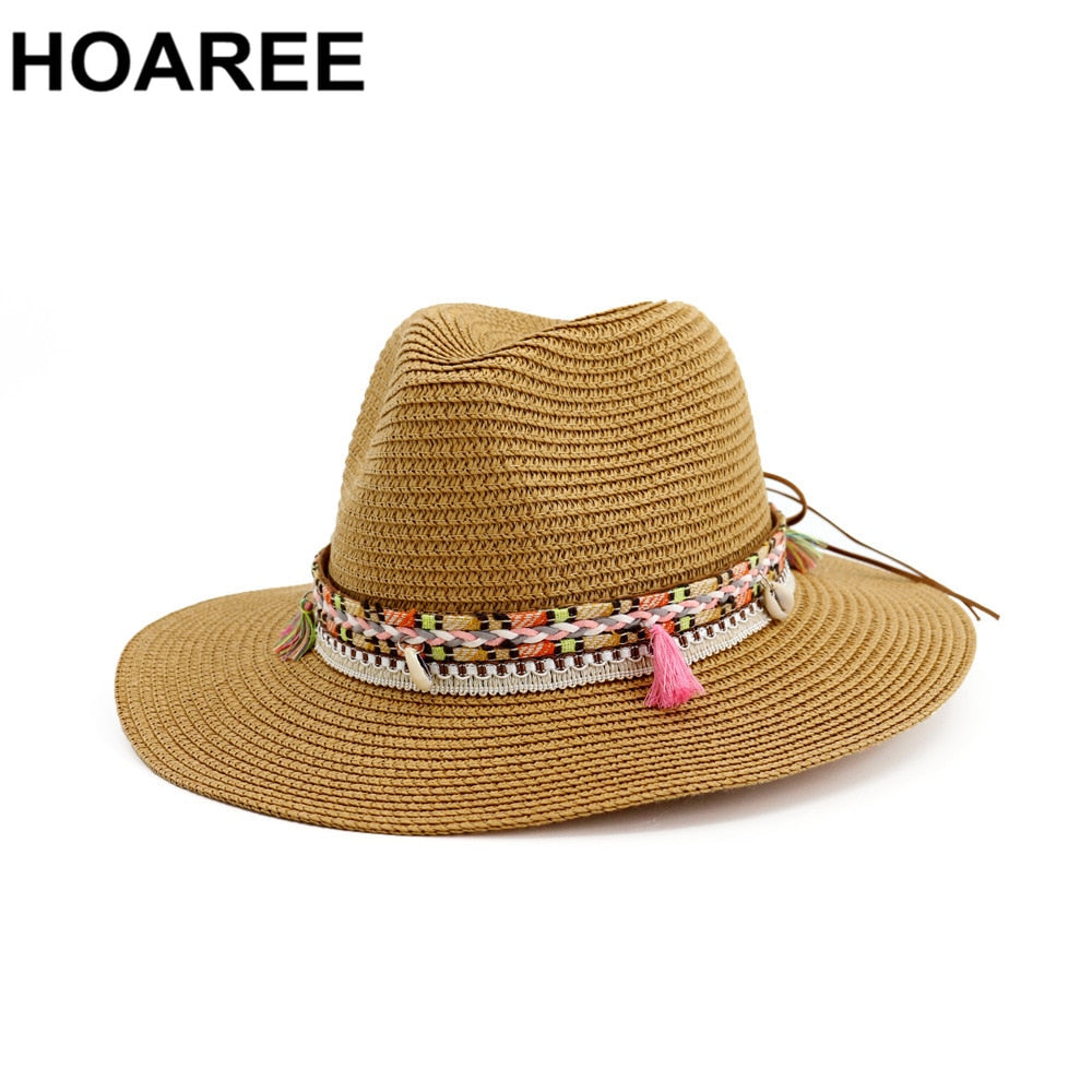 HOAREE Straw Sun Hat White Panama Hat Beach Womens Summer Caps Sombrero Female Fedora Casual Ladies Chapeau