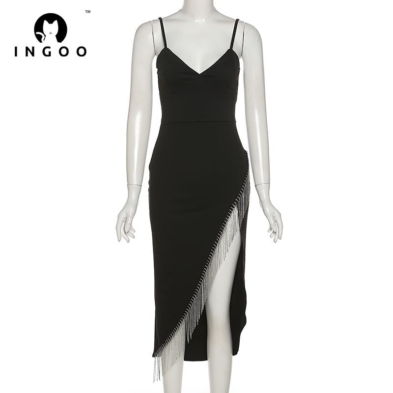 INGOO Elegant Irregular Fringed Diamond Party Night Dress Women Sexy Spaghetti Strap Backless Midi Dresses Bodycon Club Outfits