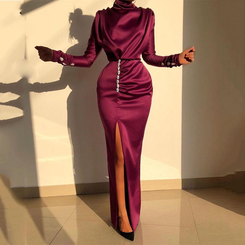 Autumn Winter Elegant Office Lady Maxi Dresses For Women 2023 Long Sleeve High Waist Bodycon Ruched Sexy Evening Party Dresseses