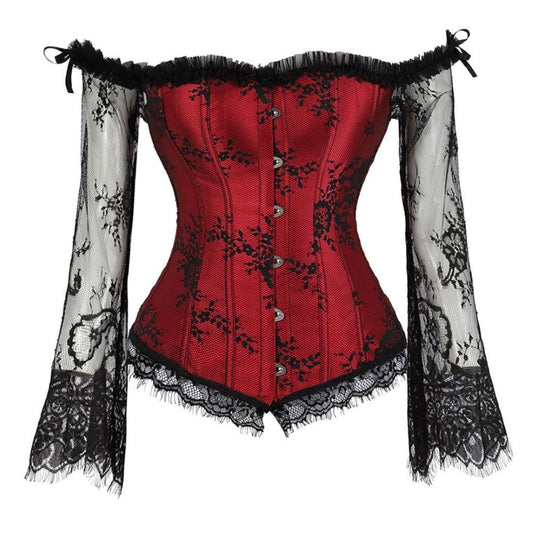 Women Sexy Off-Shoulder Sleeves Lace Embroidered Corset Blouse Victorian Vintage Floral Elegant Slim Corset Bustier Lingerie Top