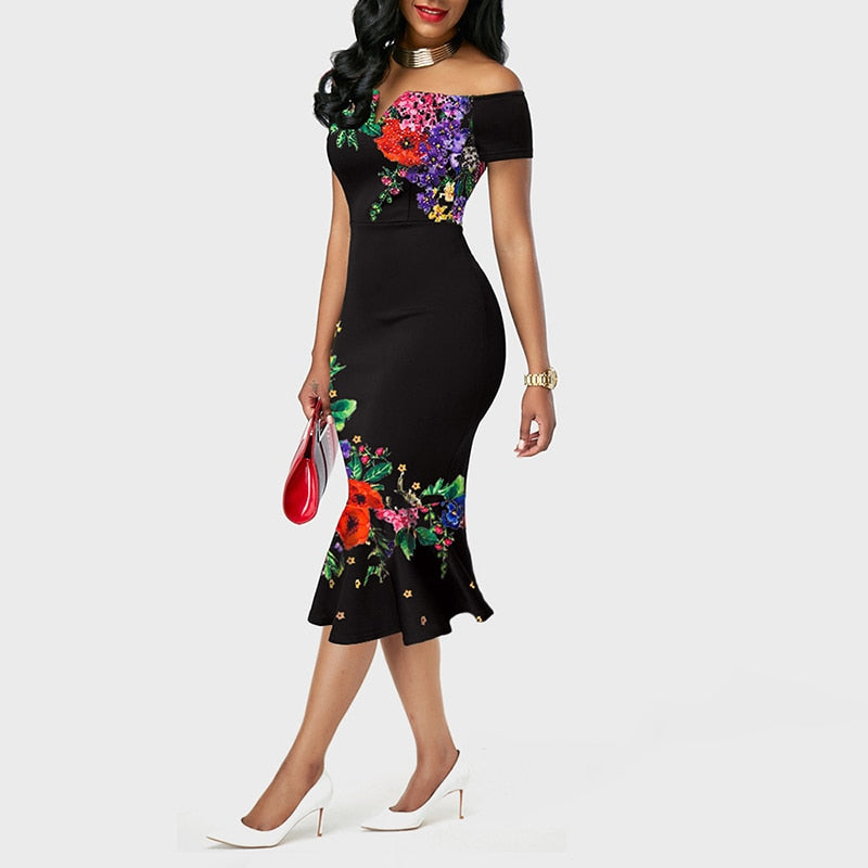 MD Dashiki African Print Dresses For Women Evening Party Dresses Flower Cotton Dress Ladies Clothes Off Shoulder Sexy Dress