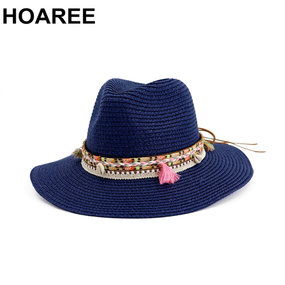 HOAREE Straw Sun Hat White Panama Hat Beach Womens Summer Caps Sombrero Female Fedora Casual Ladies Chapeau