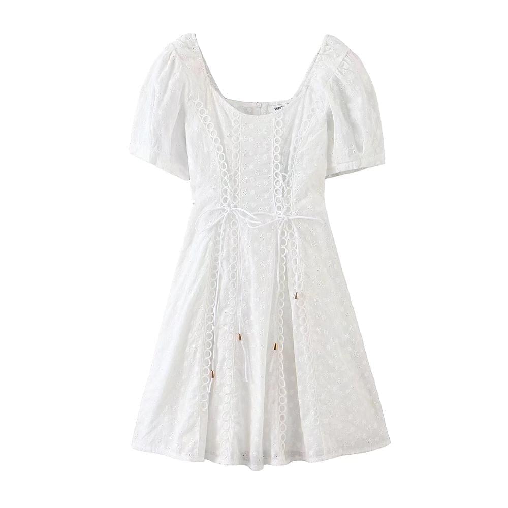 White Embroidery Chic Mini Dresss Cotton Backless Hollow Out Sexy