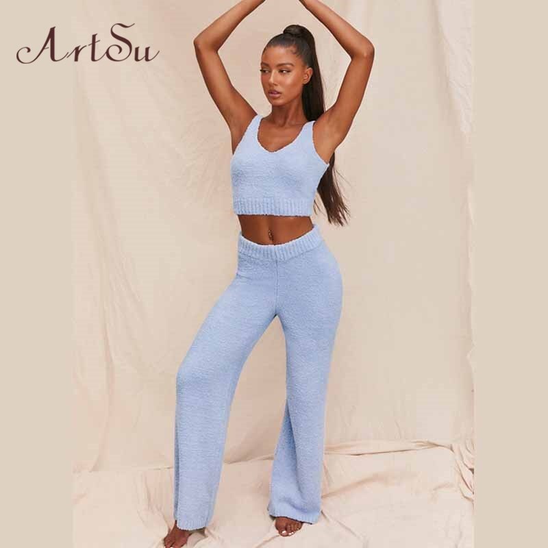 Artsu Winter Fur Two Piece Outfits Sexy Backless Crop Tops Women Outfits Matching Set Top and High Waist Pants Party Clubwear