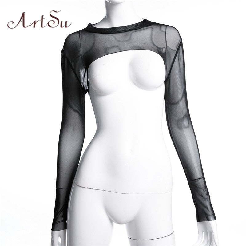 ArtSu Long Sleeve Tshirt Women Hooded Hollow Out Sexy Punk Rock Short Crop Top White T-shirt Fishnet Black Mesh Shirt Clothes