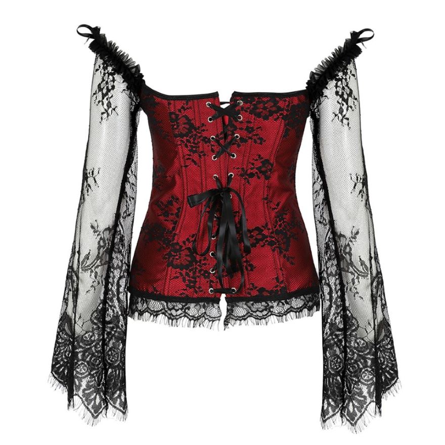 Women Sexy Off-Shoulder Sleeves Lace Embroidered Corset Blouse Victorian Vintage Floral Elegant Slim Corset Bustier Lingerie Top