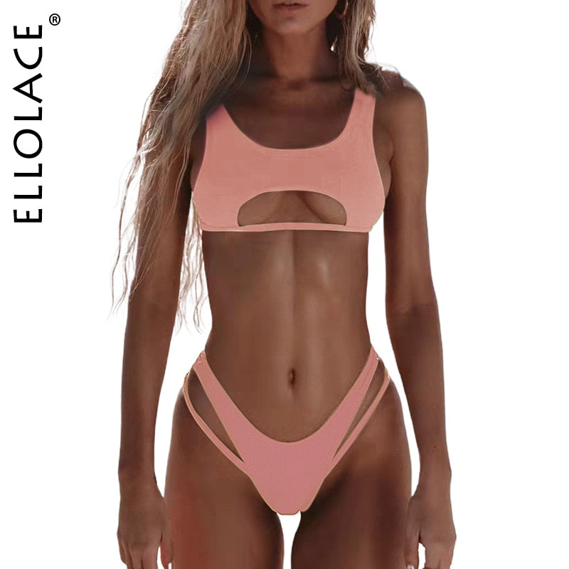 Ellolace Sexy Bikini Hollow Out Women's Swimsuit High Cut Micro Swimwear 2022 Stylish Bathing Suit Beach Outfits 2 Pieces