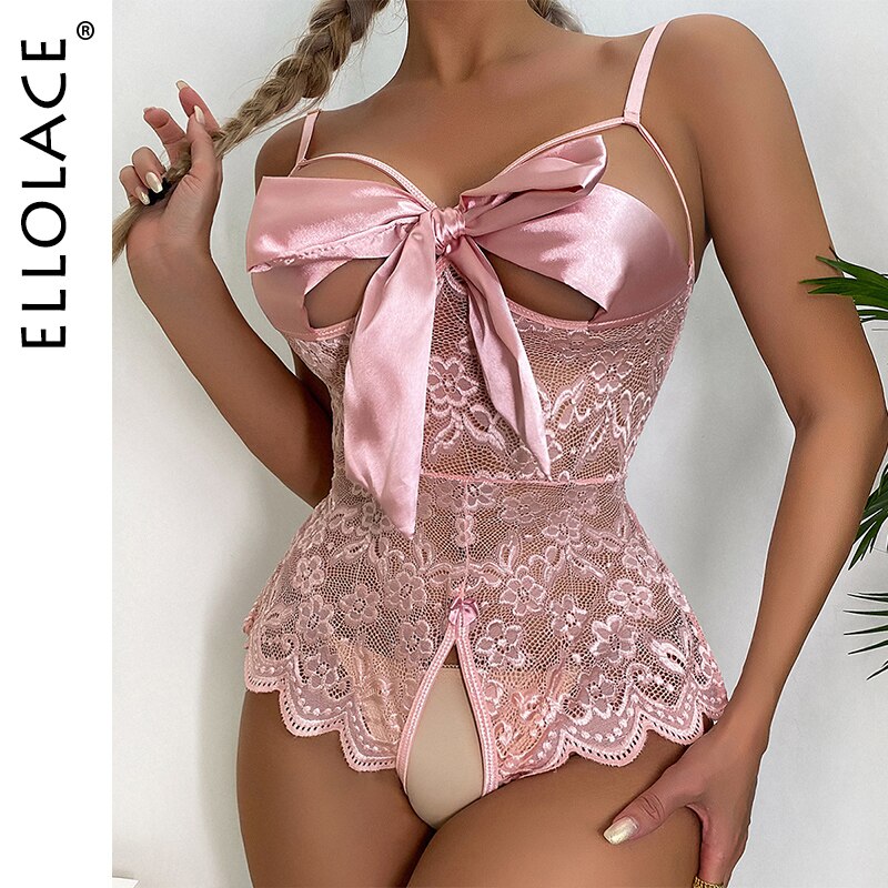 Ellolace Bowknot Crotchless Bodysuit Lace Hollow Out Lingerie Erotic Open Chest Exotic Costumes Sissy Sex Clothes For Women