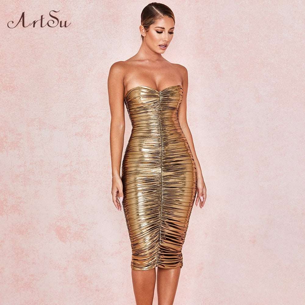 ArtSu Sexy Off Shoulder Golden Wrap Dresses Women Chistmas Sleeveless Bodycon Dress Elegant Ladies Ruched Knee Dresses ASDR60584