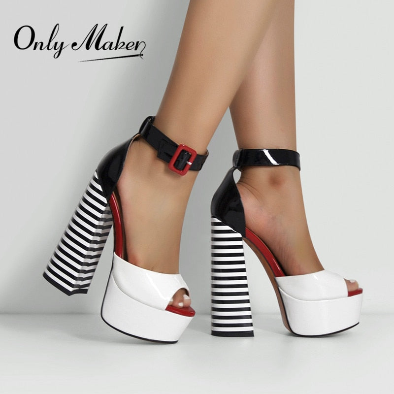 Onlymaker Women&#39;s Sandals Platform Peep Toe Chunky Square Heels Ankle Strap Sandals Black And White Stripes Party Fashion Shoes