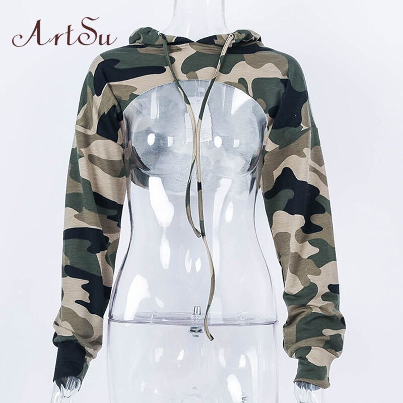 ArtSu Long Sleeve Tshirt Women Hooded Hollow Out Sexy Punk Rock Short Crop Top White T-shirt Fishnet Black Mesh Shirt Clothes