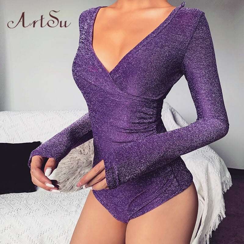 Artsu Reflective Cross Bodysuit Women Sexy Long Sleeve V-neck Spring Fahsion Tops Bodycon Party Club Solid Body Suit ASJU70153