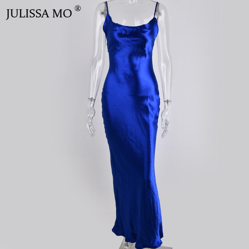 JULISSA MO Sexy Spaghetti Strap Backless Summer Dress Women Satin Lace Up Trumpet Long Dress Elegant Bodycon Party Dresses 2021