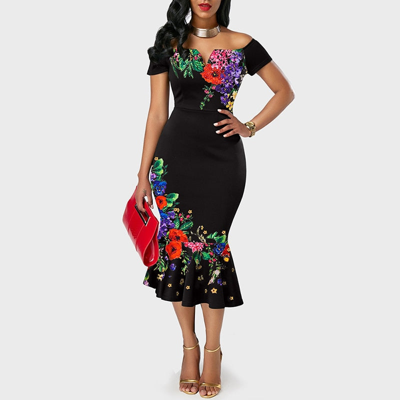 MD Dashiki African Print Dresses For Women Evening Party Dresses Flower Cotton Dress Ladies Clothes Off Shoulder Sexy Dress