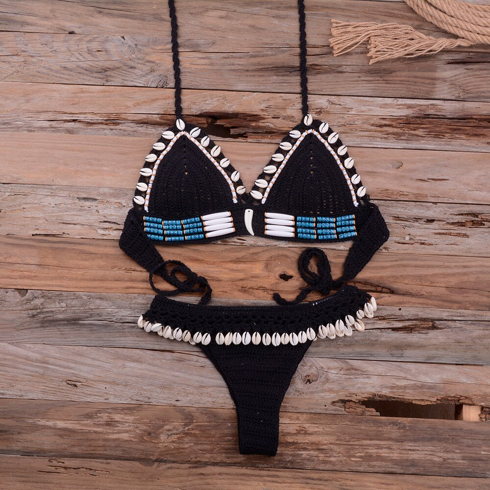 Knitted Bikini Shell Tassel Women Thong Halter Brazilian Biquinis Female Crochet Swimsuit 2020 New Swimming Suit Ladies Swimwear