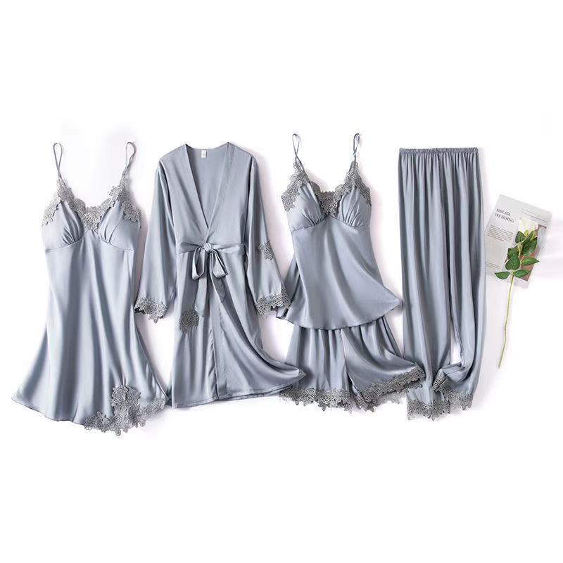 Women Sleepwear 5PCS Pajamas Set Sexy Satin Robe Lace Patchwork Kimono Gown Soft Lounge Bathrobe Sleep Suit With Chest Pads