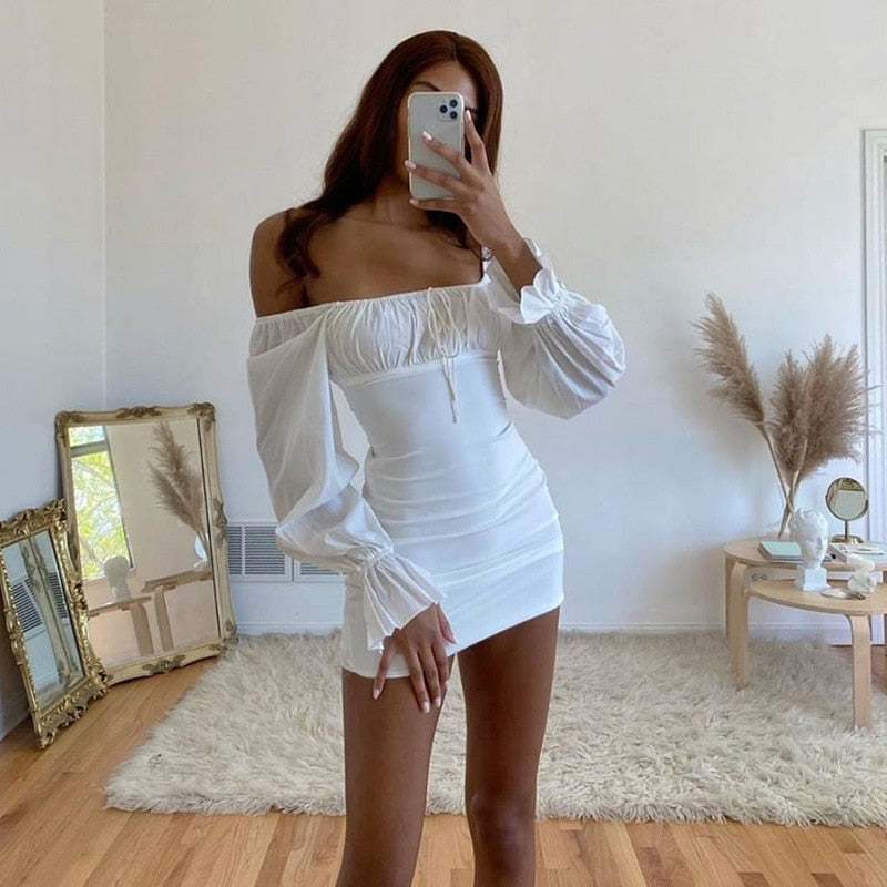 Yimunancy Square Collar Bodycon Dress Women Long Sleeve Dress Autumn Drawstring White Dress Robes