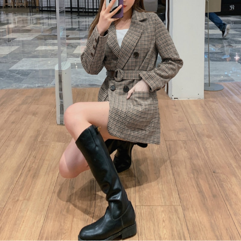 Mozuleva Korean Plaid Women Work Blazer Jacket Casual Double-breasted Sashes Suit Jacket Female 2022 Slim Female Blazer Outwear