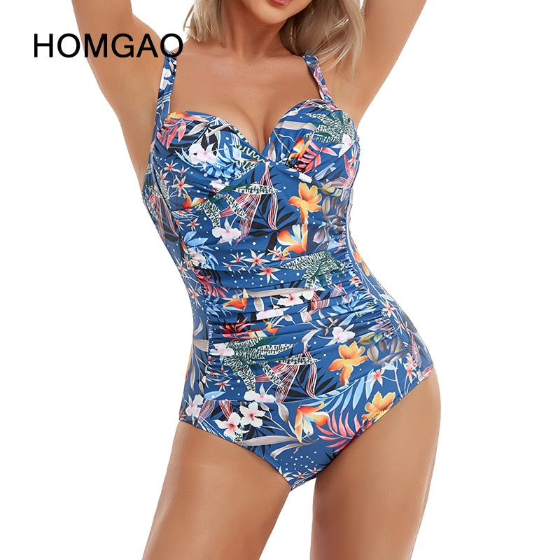 HOMGAO Sexy Push Up Women&#39;s One Piece Swimsuits Large Size Shirred Swimwear Vintage Bodysuit Tummy Control Bathing Suits L-4XL